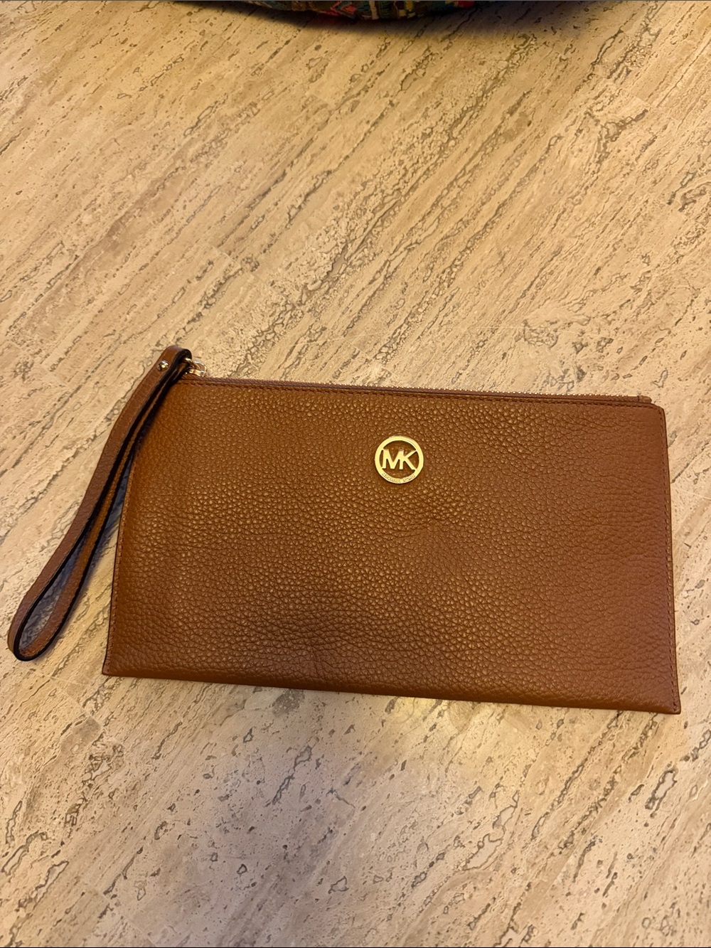 Michael Kors Tan Pebbled Leather Wristlet Clutch with Gold Logo